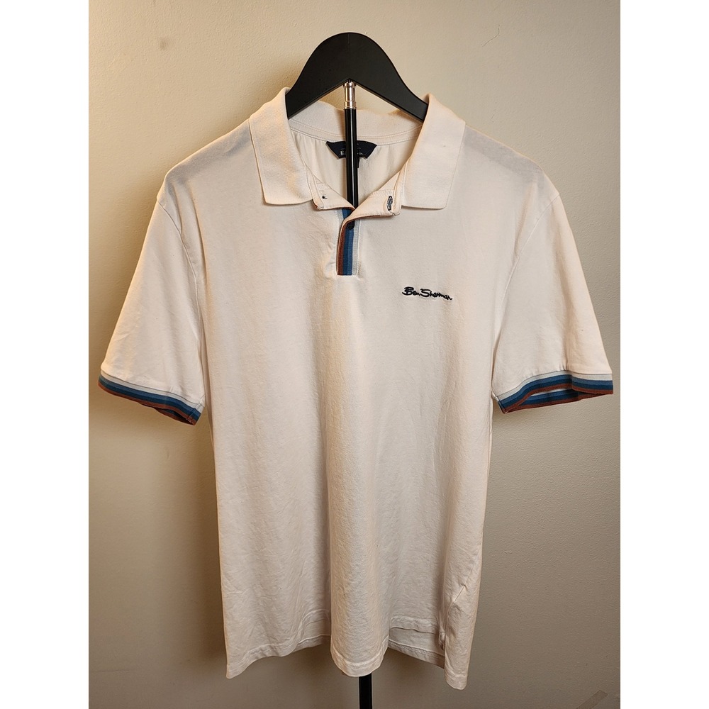 Ben Sherman Mens White Short Sleeve Polo Shirt Striped Trim Logo Size L